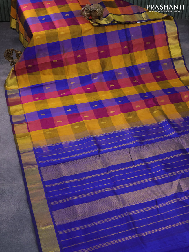 Silk cotton saree multi colour and blue with allover paalum pazhamum checks & buttas and zari woven border