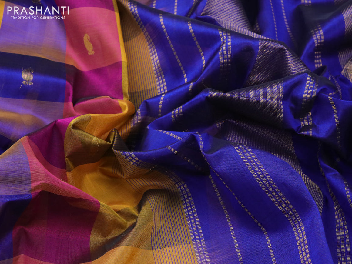 Silk cotton saree multi colour and blue with allover paalum pazhamum checks & buttas and zari woven border