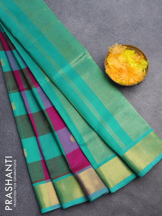 Silk cotton saree dark magenta pink and teal green with allover paalum pazhamum checks & buttas and zari woven border