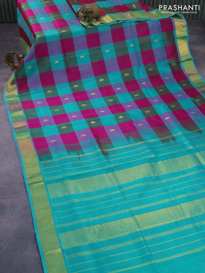 Silk cotton saree dark magenta pink and teal green with allover paalum pazhamum checks & buttas and zari woven border