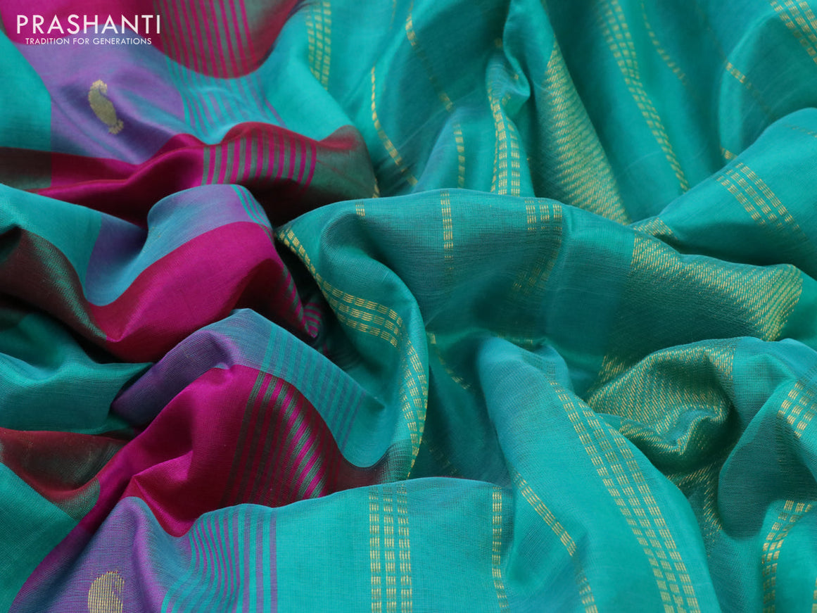 Silk cotton saree dark magenta pink and teal green with allover paalum pazhamum checks & buttas and zari woven border