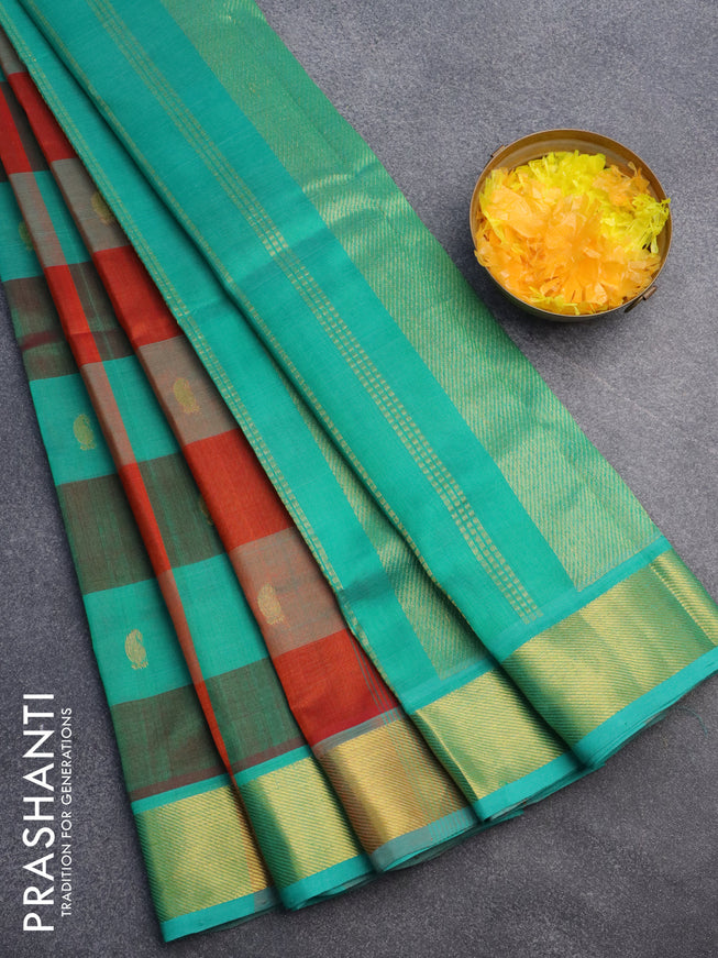 Silk cotton saree rustic orange and teal green with allover paalum pazhamum checks & buttas and zari woven border