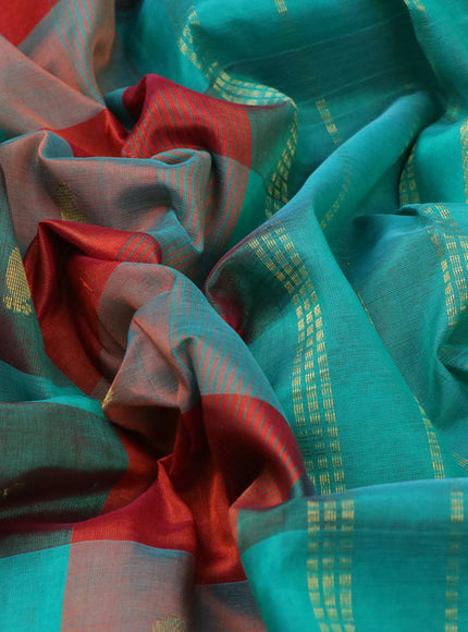 Silk cotton saree rustic orange and teal green with allover paalum pazhamum checks & buttas and zari woven border