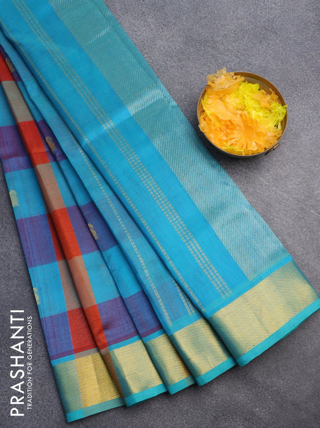 Silk cotton saree multi colour and light blue with allover paalum pazhamum checks & buttas and zari woven border