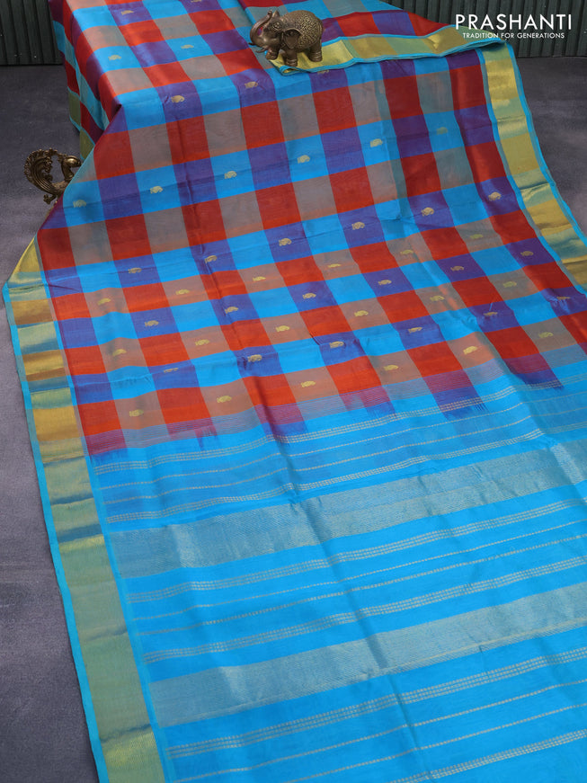 Silk cotton saree multi colour and light blue with allover paalum pazhamum checks & buttas and zari woven border