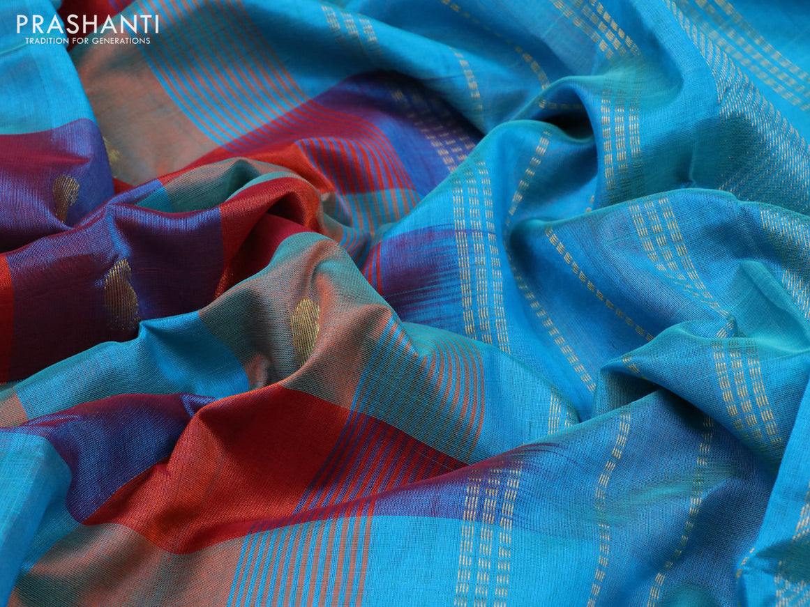 Silk cotton saree multi colour and light blue with allover paalum pazhamum checks & buttas and zari woven border