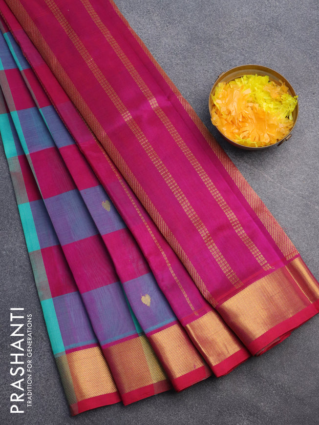 Silk cotton saree multi colour and pink with allover paalum pazhamum checks & buttas and zari woven border