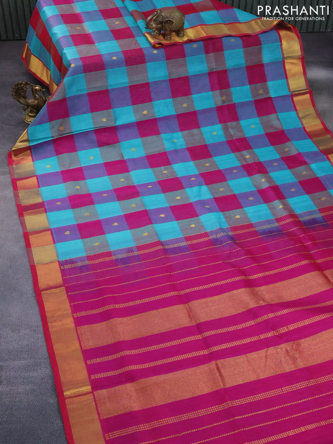 Silk cotton saree multi colour and pink with allover paalum pazhamum checks & buttas and zari woven border