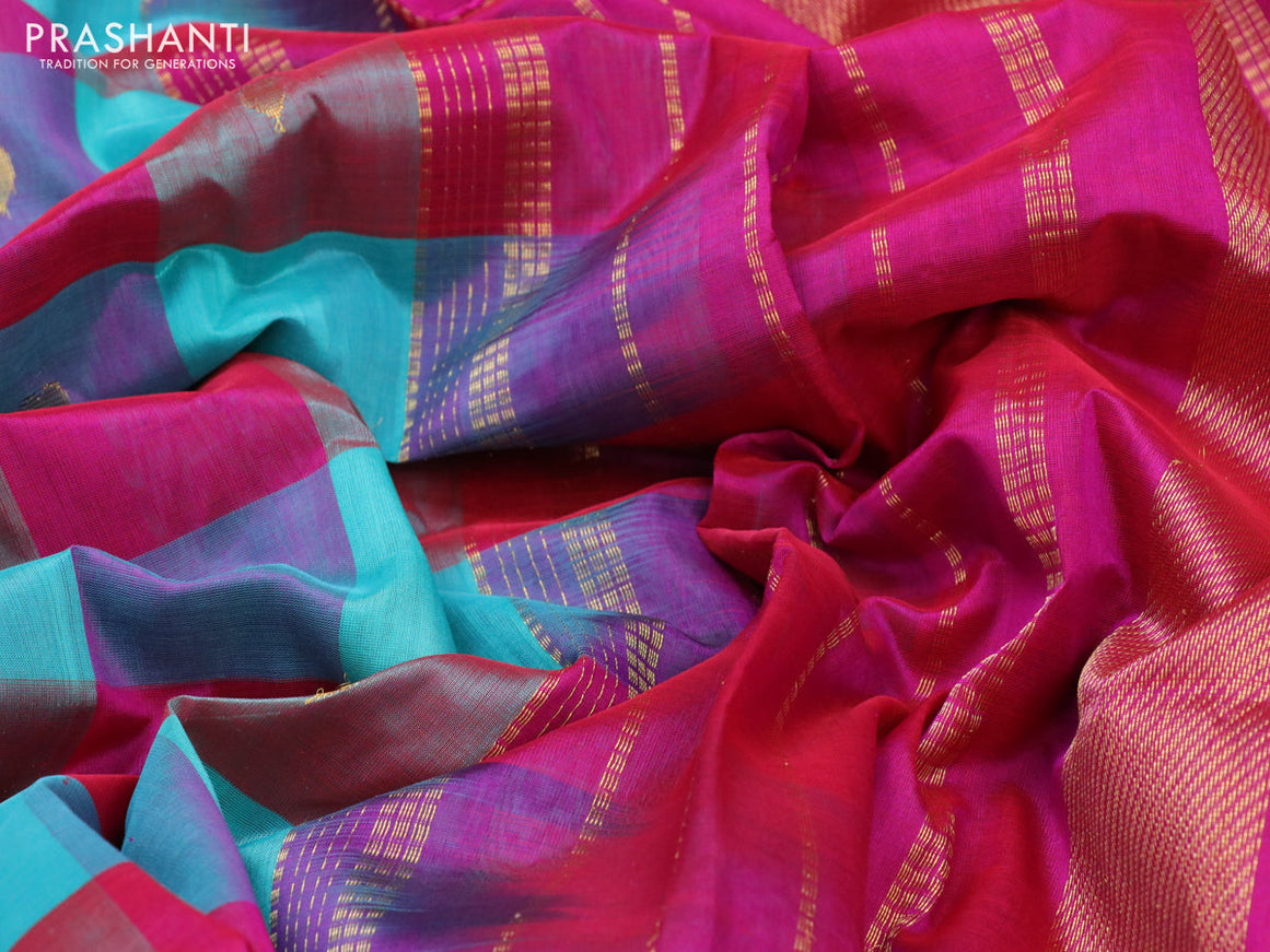 Silk cotton saree multi colour and pink with allover paalum pazhamum checks & buttas and zari woven border