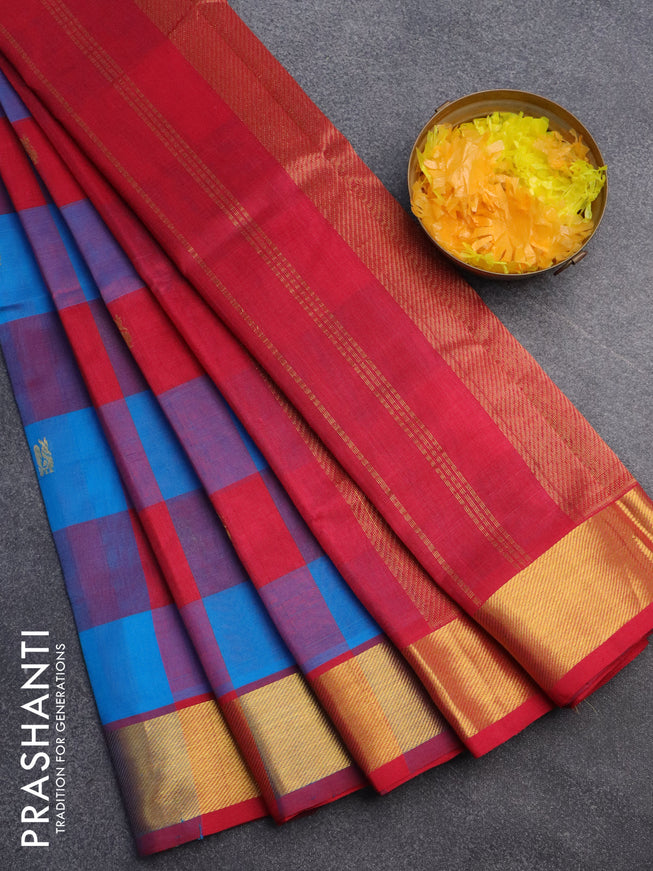 Silk cotton saree cs blue and pink with allover paalum pazhamum checks & buttas and zari woven border