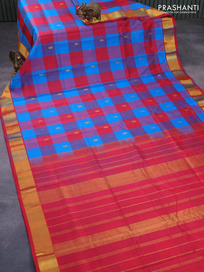 Silk cotton saree cs blue and pink with allover paalum pazhamum checks & buttas and zari woven border