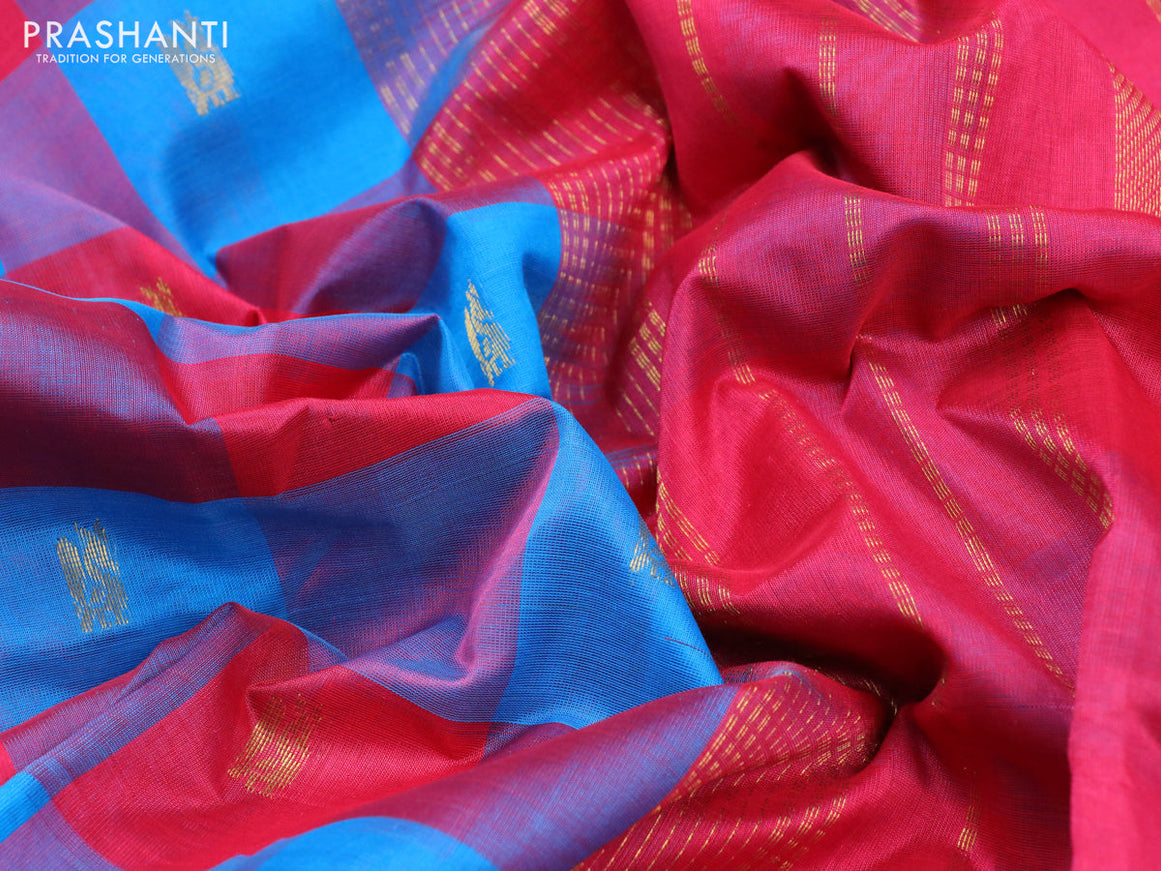 Silk cotton saree cs blue and pink with allover paalum pazhamum checks & buttas and zari woven border