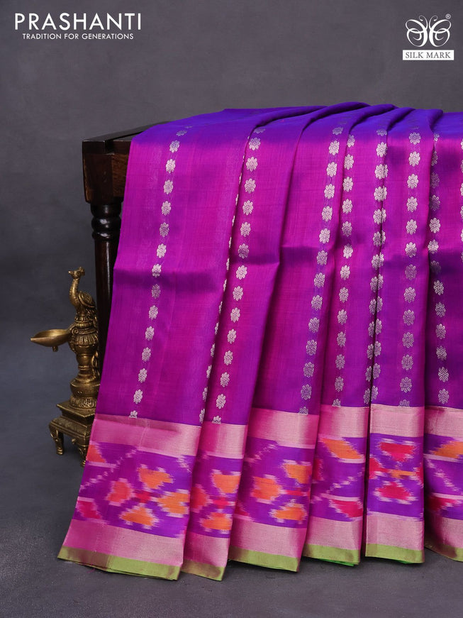 Pure uppada silk saree purple and light green with allover silver zari woven butta wevaes and silver zari woven ikat style border