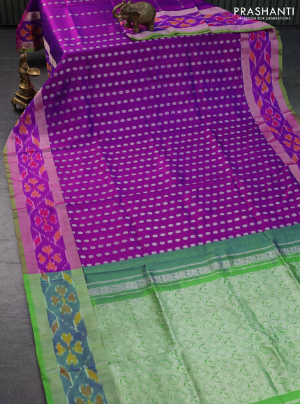 Pure uppada silk saree purple and light green with allover silver zari woven butta wevaes and silver zari woven ikat style border