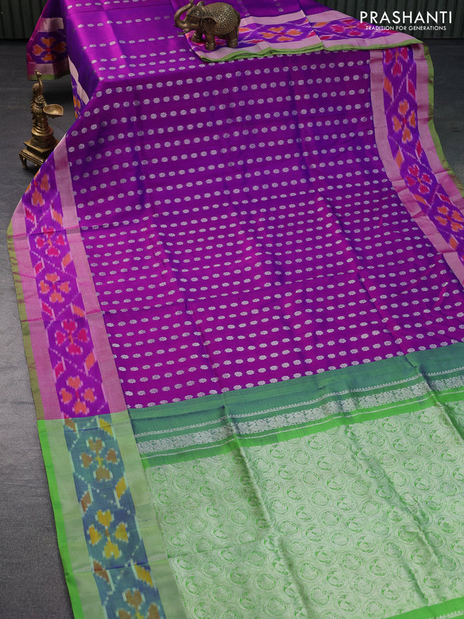 Pure uppada silk saree purple and light green with allover silver zari woven butta wevaes and silver zari woven ikat style border