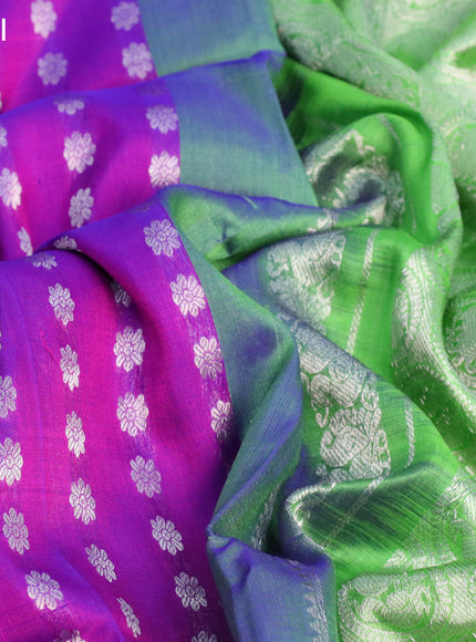 Pure uppada silk saree purple and light green with allover silver zari woven butta wevaes and silver zari woven ikat style border