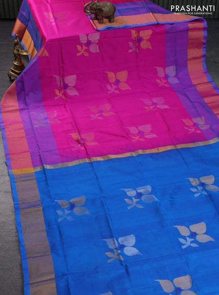 Pure uppada silk saree pink and cs blue with zari woven jamdhani butta style and zari woven border