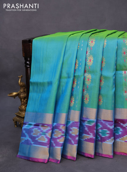 Pure uppada silk saree dual shade of teal bluish green and pink with allover thread & zari woven butta weaves and zari woven ikat border