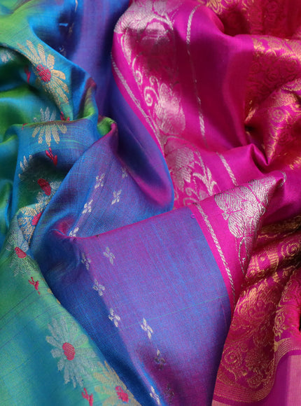 Pure uppada silk saree dual shade of teal bluish green and pink with allover thread & zari woven butta weaves and zari woven ikat border