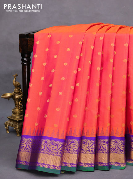 Pure gadwal silk saree dual shade of orange and violet with zari woven floral buttas and temple design zari woven border