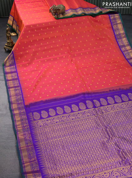 Pure gadwal silk saree dual shade of orange and violet with zari woven floral buttas and temple design zari woven border