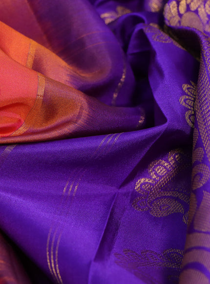 Pure gadwal silk saree dual shade of orange and violet with zari woven floral buttas and temple design zari woven border