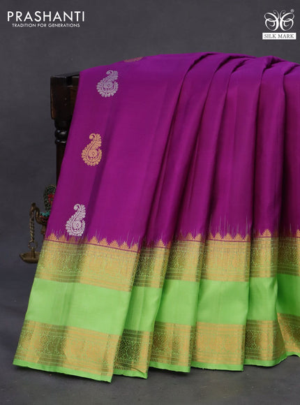 Pure gadwal silk saree purple and light green with silver & gold zari woven buttas and long rettapet zari woven border