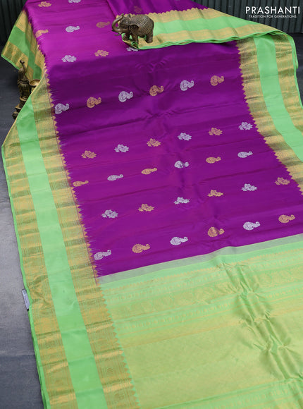 Pure gadwal silk saree purple and light green with silver & gold zari woven buttas and long rettapet zari woven border