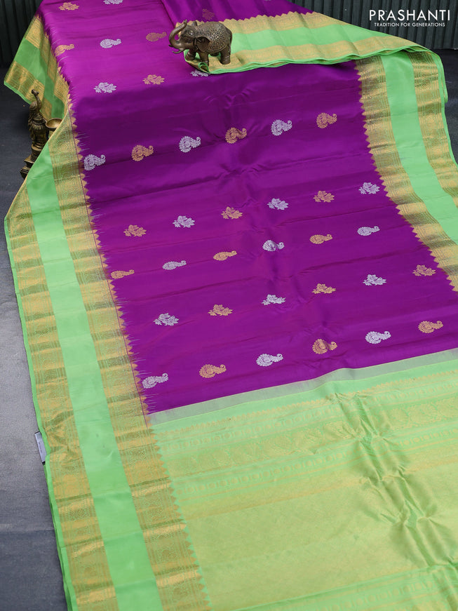 Pure gadwal silk saree purple and light green with silver & gold zari woven buttas and long rettapet zari woven border