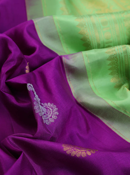 Pure gadwal silk saree purple and light green with silver & gold zari woven buttas and long rettapet zari woven border