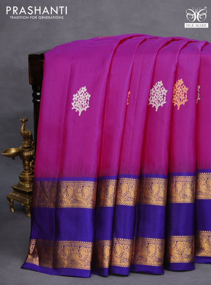 Pure gadwal silk saree pink and blue with silver & gold zari woven buttas and long rettapet zari woven border