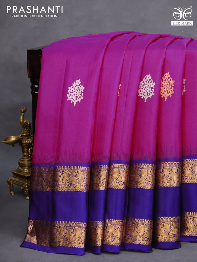 Pure gadwal silk saree pink and blue with silver & gold zari woven buttas and long rettapet zari woven border