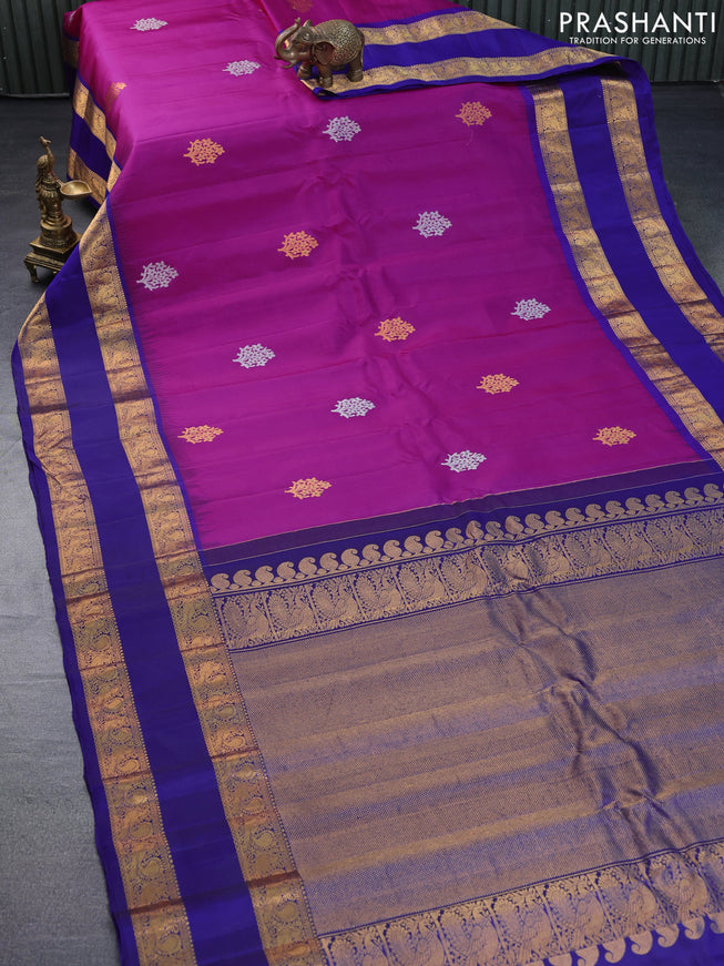 Pure gadwal silk saree pink and blue with silver & gold zari woven buttas and long rettapet zari woven border