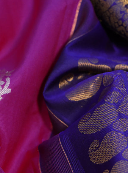 Pure gadwal silk saree pink and blue with silver & gold zari woven buttas and long rettapet zari woven border