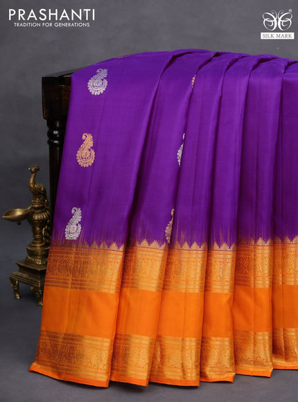 Pure gadwal silk saree purple and mango yellow with silver & gold zari woven buttas and long rettapet zari woven border