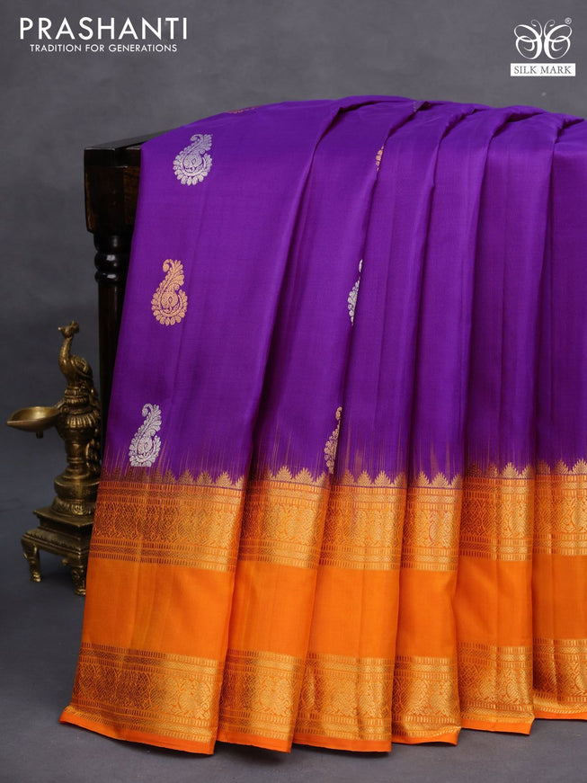 Pure gadwal silk saree purple and mango yellow with silver & gold zari woven buttas and long rettapet zari woven border