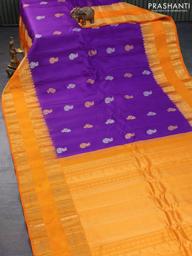 Pure gadwal silk saree purple and mango yellow with silver & gold zari woven buttas and long rettapet zari woven border