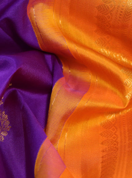 Pure gadwal silk saree purple and mango yellow with silver & gold zari woven buttas and long rettapet zari woven border