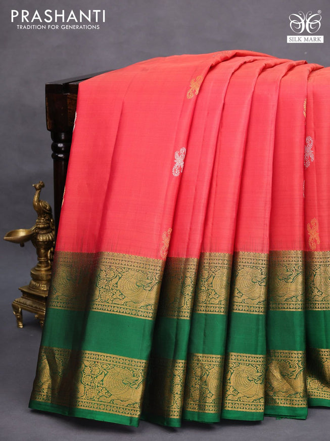 Pure gadwal silk saree pink shade and green with silver & gold zari woven floral buttas and rettapet zari woven border