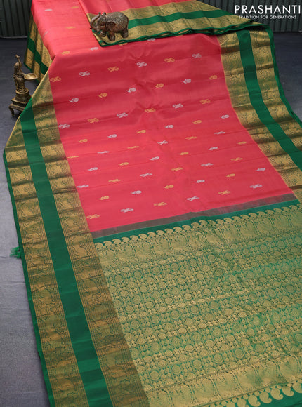 Pure gadwal silk saree pink shade and green with silver & gold zari woven floral buttas and rettapet zari woven border