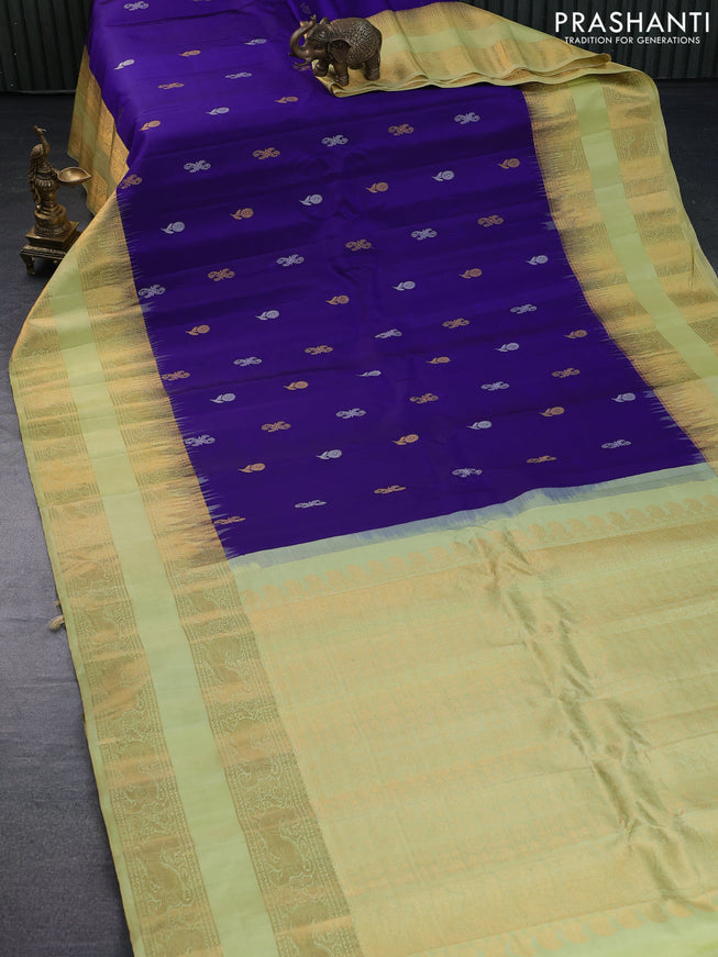 Pure gadwal silk saree blue and pista green with silver & gold zari woven buttas and rettapet zari woven border