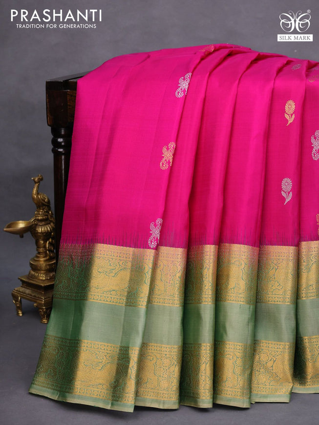 Pure gadwal silk saree magenta pink and pastel green with silver & gold zari woven buttas and rettapet zari woven border