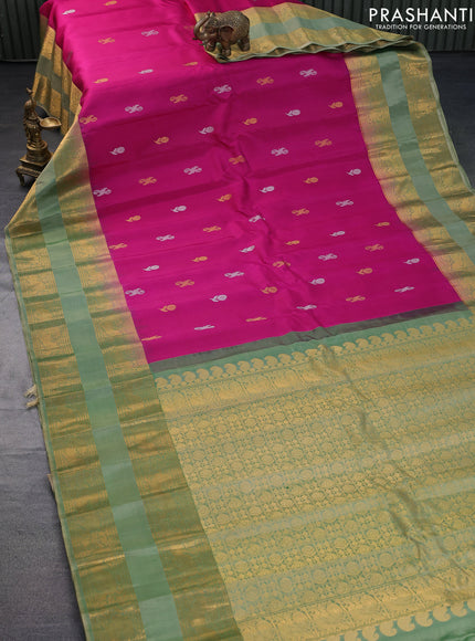 Pure gadwal silk saree magenta pink and pastel green with silver & gold zari woven buttas and rettapet zari woven border