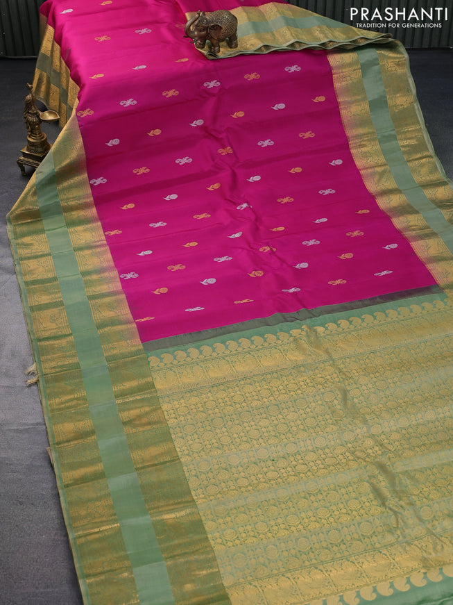 Pure gadwal silk saree magenta pink and pastel green with silver & gold zari woven buttas and rettapet zari woven border