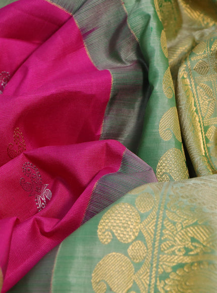 Pure gadwal silk saree magenta pink and pastel green with silver & gold zari woven buttas and rettapet zari woven border