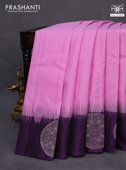 Pure soft silk saree lotus pink and violet with allover zari stripe pattern and silver zari woven butta border