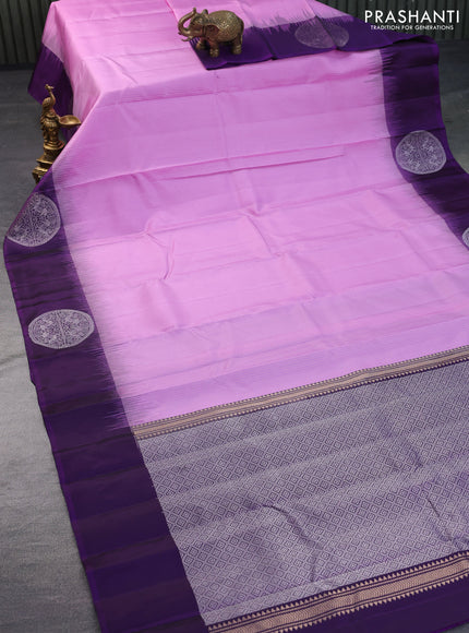 Pure soft silk saree lotus pink and violet with allover zari stripe pattern and silver zari woven butta border