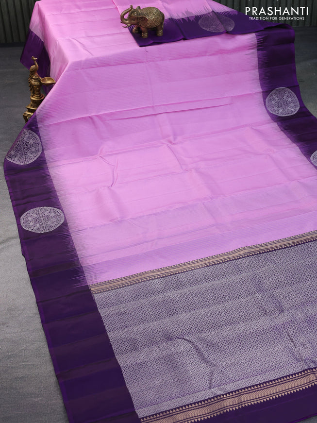 Pure soft silk saree lotus pink and violet with allover zari stripe pattern and silver zari woven butta border