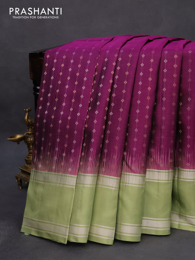 Pure soft silk saree purple and pastel green with allover silver & gold zari weaves and rettapet silver zari woven border