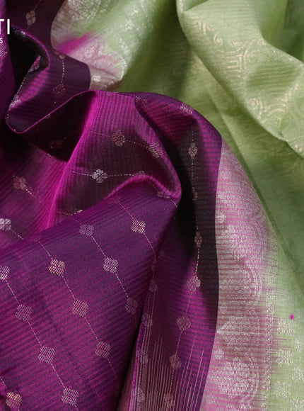 Pure soft silk saree purple and pastel green with allover silver & gold zari weaves and rettapet silver zari woven border